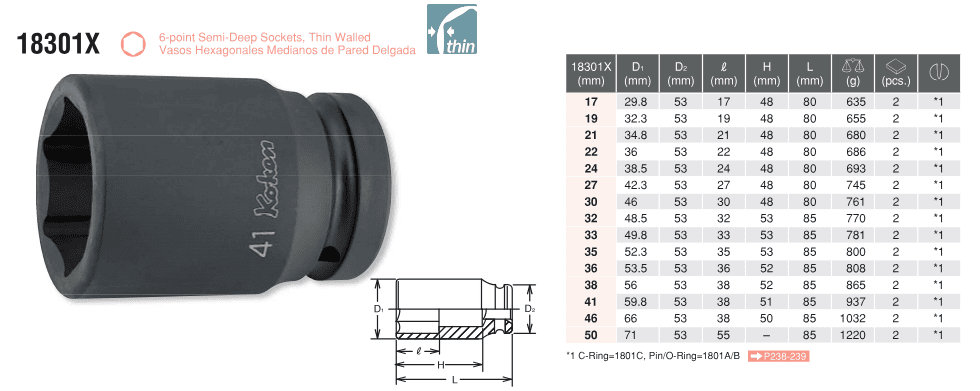 6 POINT SEMI-DEEP SOCKET 18301X