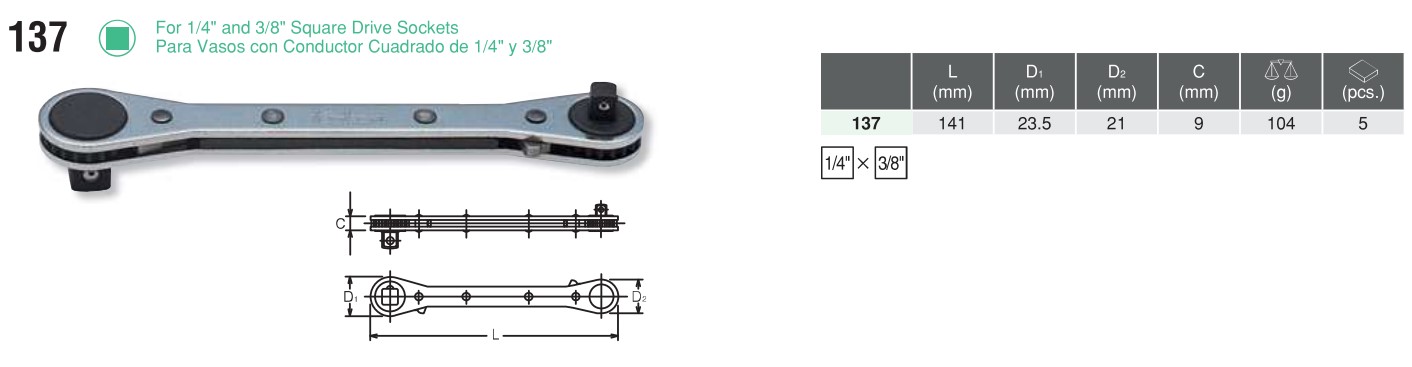 For 1/4" and 3/8" Square Drive Sockets 137 chart