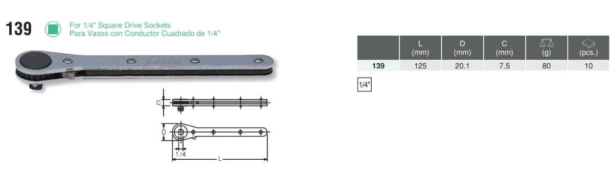 For 1/4" Square Drive Sockets Ratcheting Ring Wrench 139 Chart