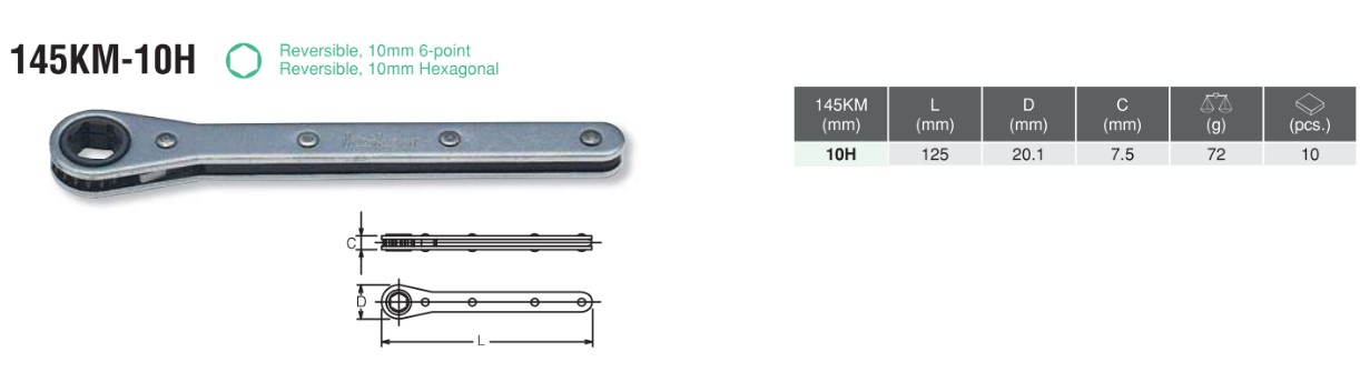 Reversible 10mm 6-point Ratcheting Ring Wrench 145KM-10H Chart