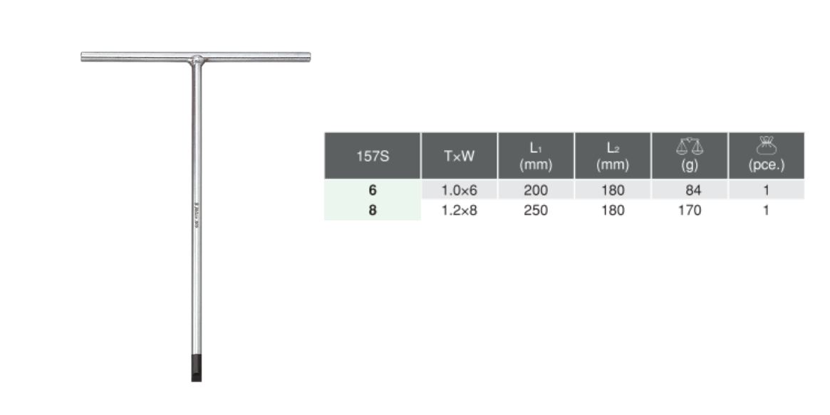 For Slotted Heads T-Type Wrench 157S Chart