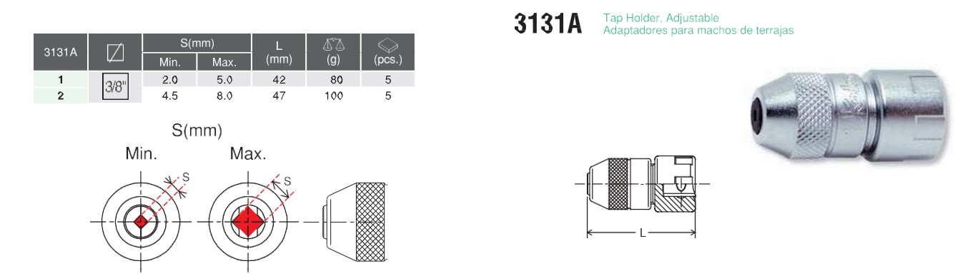 3/8" Tap Holder, Adjustable 3131A Chart