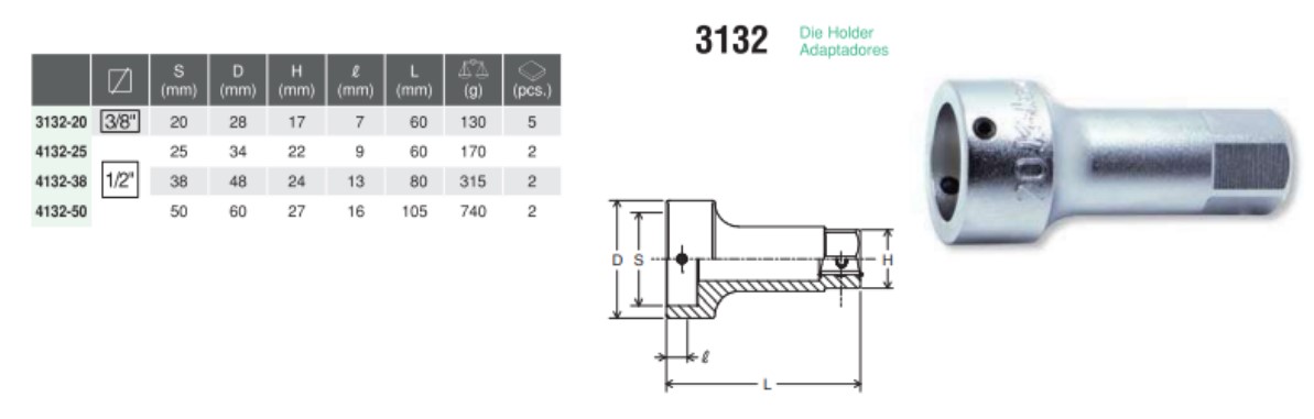 3/8" Die Holder 3132-20 Chart