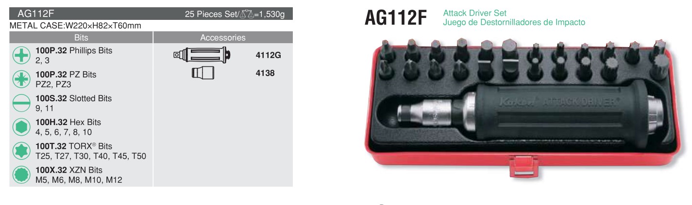 25 Pieces Attack Driver Set AG112F Chart