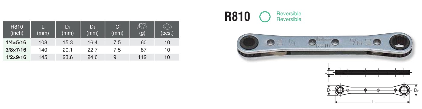 Reversible Ratcheting Ring Wrench R810 chart