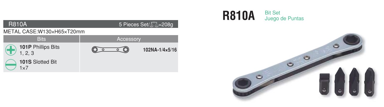 5 pieces bit set R810A chart