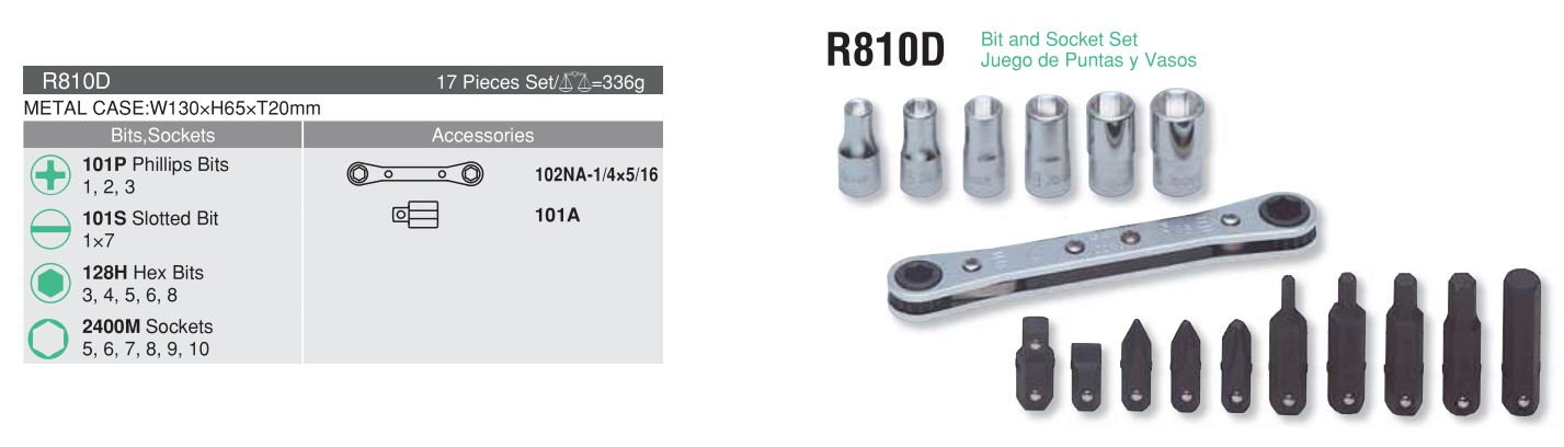17 pieces Bit Set R810D Chart