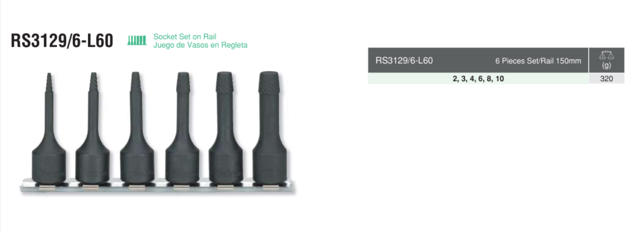 6 Pieces Socket Set on Rail RS3129/6-L60 Chart