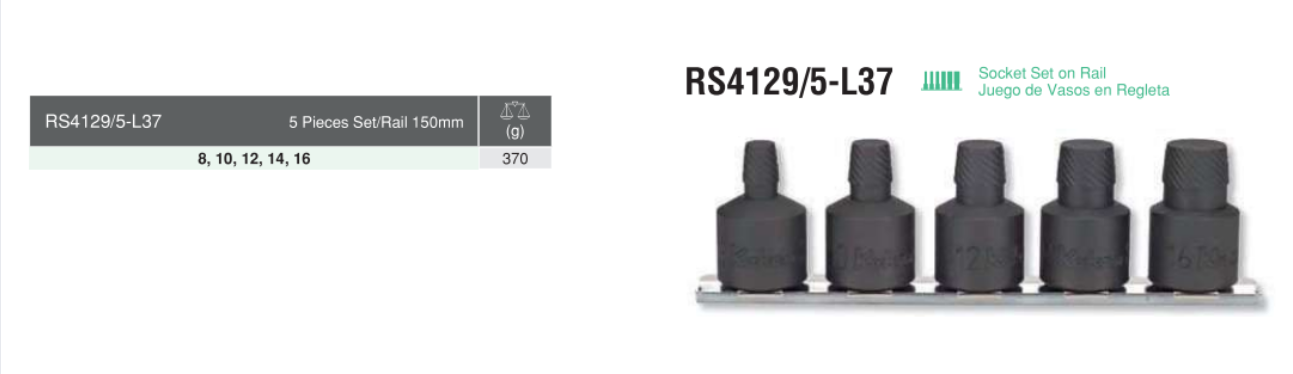 5 Pieces Socket Set on Rail RS4129/5-37 Chart